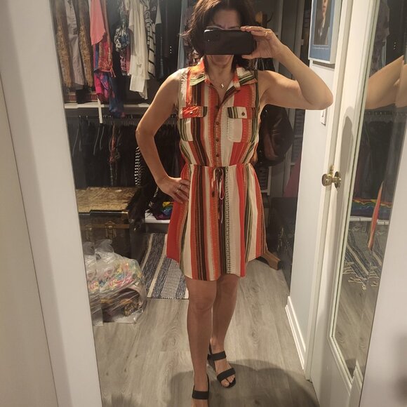 Sleeveless Shirt Dress Button Front Elastic Waist Large - Picture 2 of 15